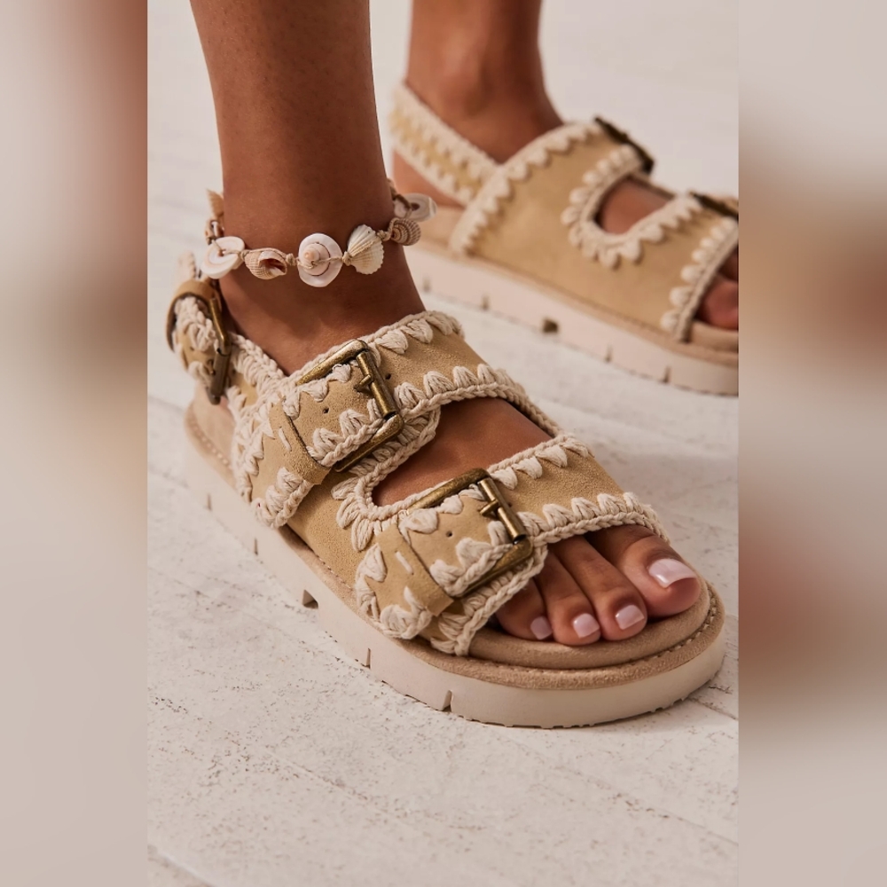 MOU + Free People Bio Buckle Sandals Lovecraft Footbed 39 / 8.5-9 WHEAT SOLD OUT